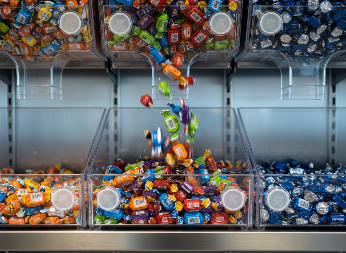 A close-up, high-resolution macro shot of a clear, rectangular bulk candy bin being filled from above with a cascading stream of mixed wrapped candies, each wrapper crisply detailed with logos, barcodes, and vibrant brand colors. The bin sits within a larger row of identical containers, all aligned perfectly on a stainless-steel shelf. Bright, cool-toned studio lighting creates sparkling highlights on the plastic and cellophane, with gentle, controlled shadows for depth. The mood is dynamic and energetic, capturing movement while still feeling precise and organized. Composed from a slightly low, front-facing angle, the falling candy is frozen mid-air in photographic realism, with a shallow depth of field that keeps the main bin tack-sharp and softly blurs the neighboring bins, emphasizing abundance and high-volume wholesale supply.