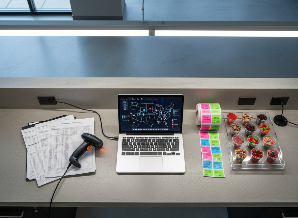A detailed overhead view of a large operations desk in a candy wholesaler’s logistics office, featuring a slim laptop displaying a digital map of multiple U.S. states marked with distribution hubs, alongside printed order sheets, a barcode scanner, and color-coded shipping labels. To the side, a sleek acrylic tray holds small, neatly organized samples of different candies in tiny clear cups. Cool, diffused overhead lighting and soft daylight from an unseen window create a balanced, professional illumination with minimal glare. The mood is strategic and data-driven yet colorful and product-focused. Shot from a true bird’s-eye perspective with sharp focus across the frame, the photographic realism and clean, modern composition communicate multi-state operations, reliability, and wholesale scale for B2B customers.